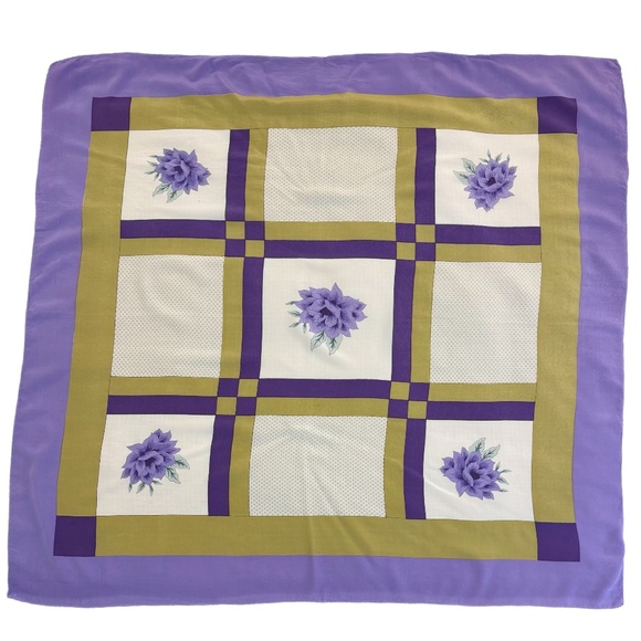Vintage Gu Yun He 100% Silk Scarf - Purple & Gold Floral - Hand Rolled Edges - Picture 4 of 11